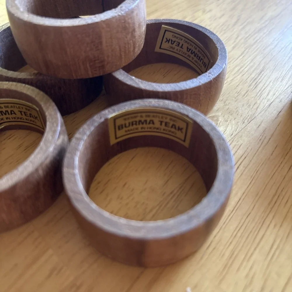 Kemp & Beatley Inc. 6 Burma Teak Round Wood Napkin Ring Holders Vtg Hong Kong